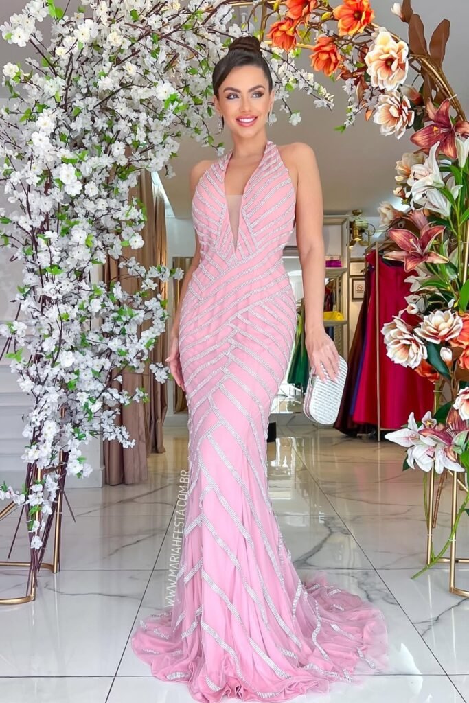 Blush Pink Halter Gown + Silver Geometric Beading + Silver Rhinestone Clutch