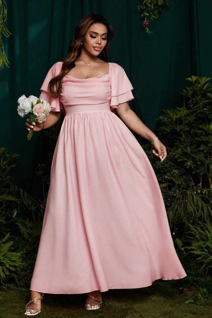 Blush Pink Square-Neck Maxi Dress with Layered Flutter Sleeves