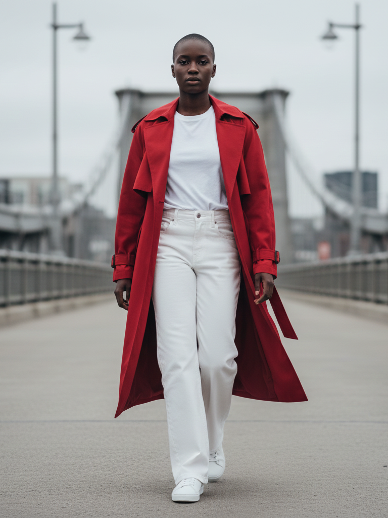 Bold Color Trench Coat + All-White Ensemble