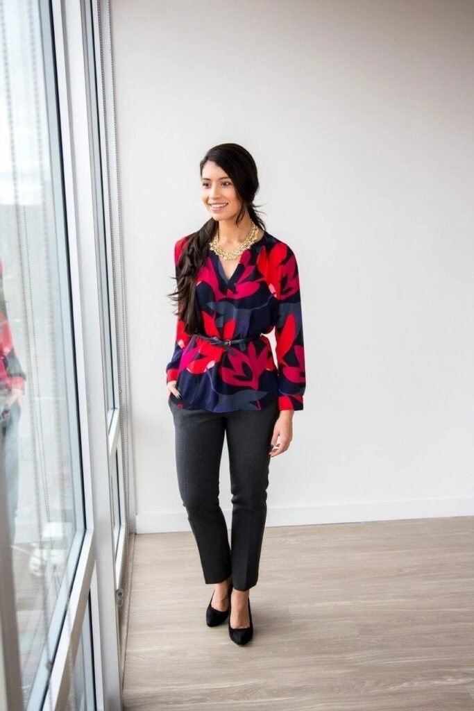 Bold Floral Print Belted Blouse + Dark Grey Trousers + Black Suede Pumps