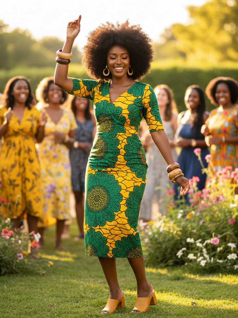 Bold Print Dress + Chunky Jewelry + Block Heels
