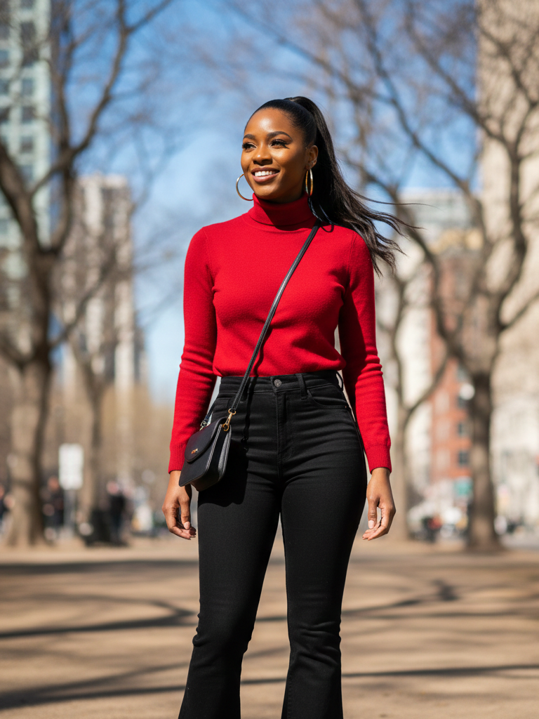 Bold Red Turtleneck + High-Waisted Black Flared Jeans + Gold Hoops