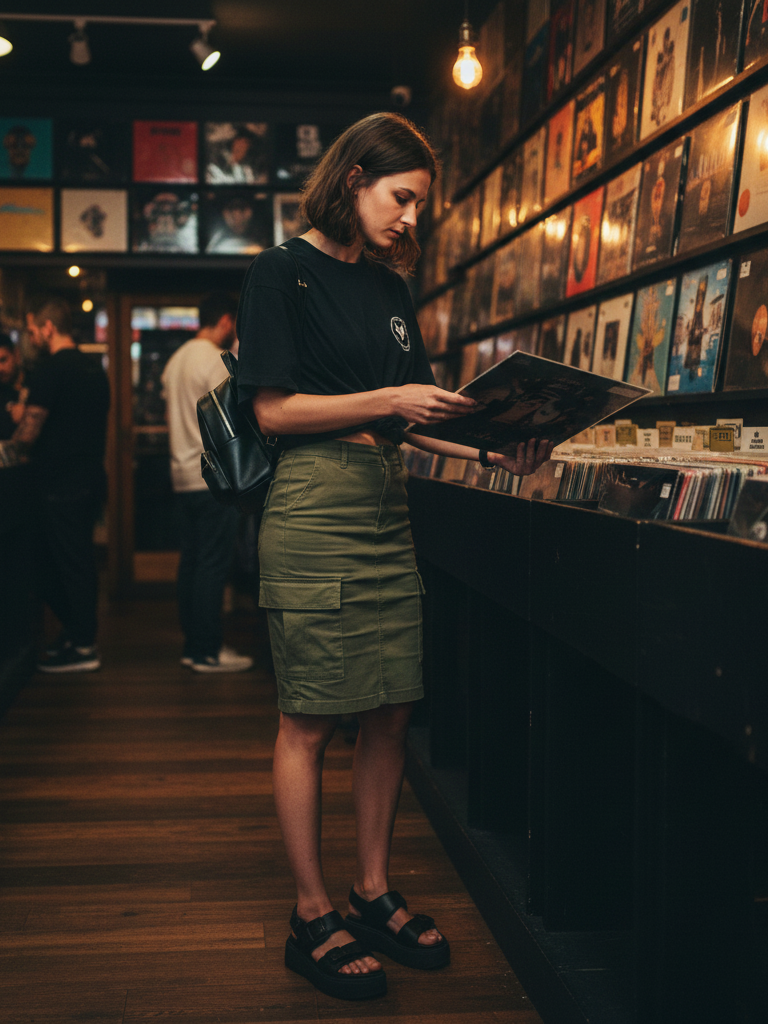 Boxy Tee + Cargo Skirt + Platform Sandals