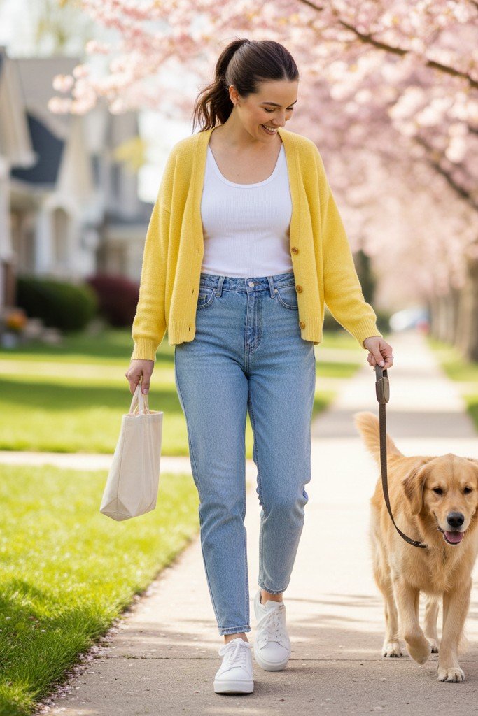 Bright Cardigan + Basic Tank + Mom Jeans + Sneakers