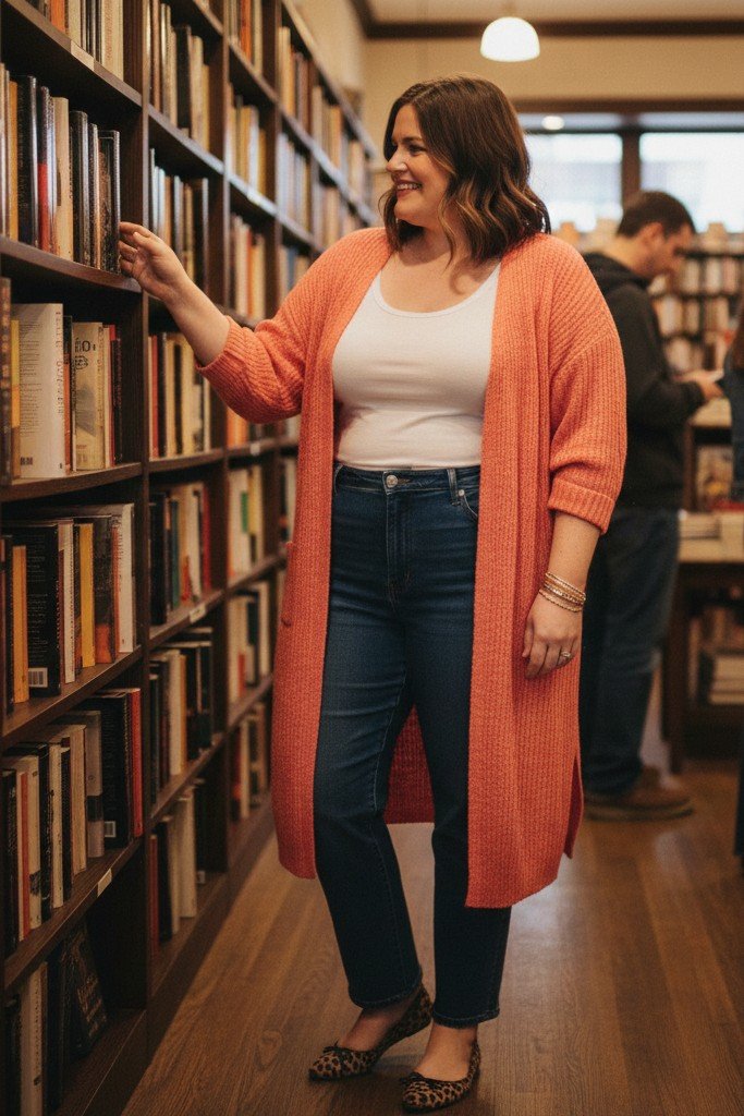 Bright Cardigan + Dark Wash Jeans + Simple Tank