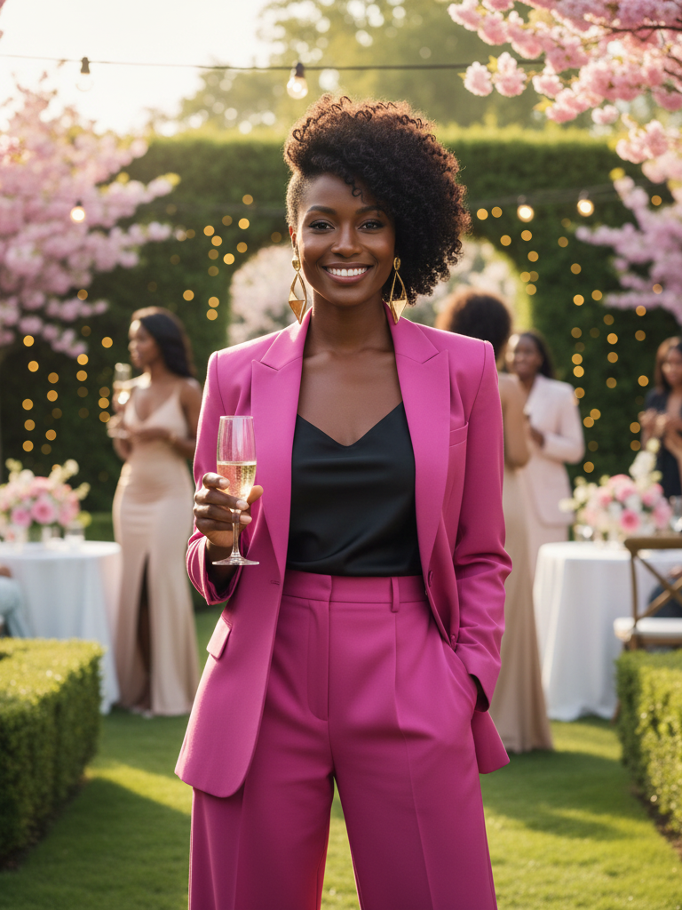 Bright Colored Suit + Minimalist Top + Statement Earrings