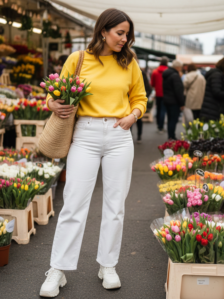 Bright Colored Sweater + White Jeans + Platform Sneakers