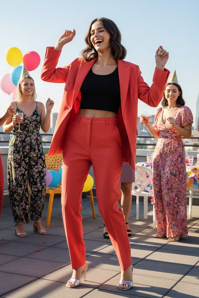 Bright Suit + Crop Top + Statement Heels