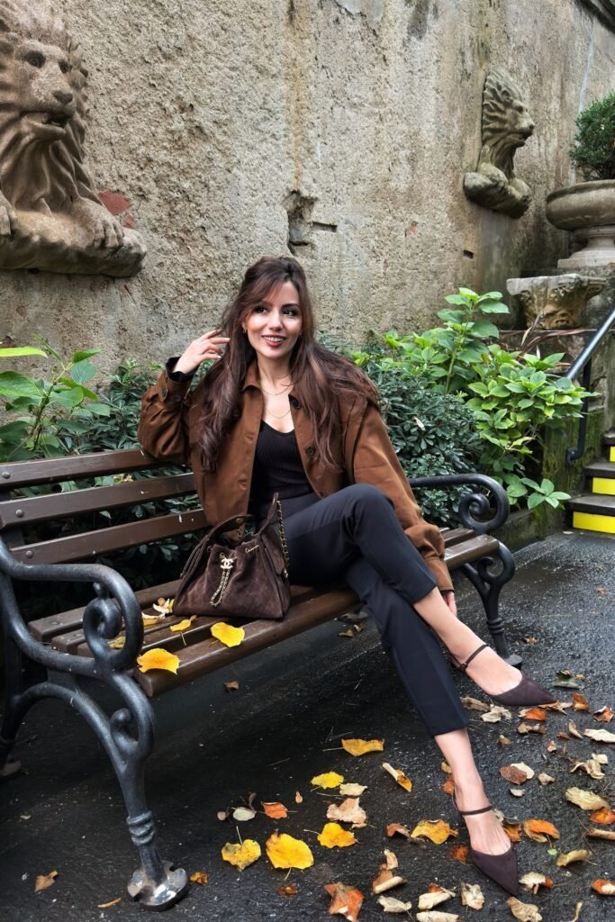 Brown Button-Up Shirt & Black Bodysuit + Black Tapered Trousers + Pointed Brown Heels