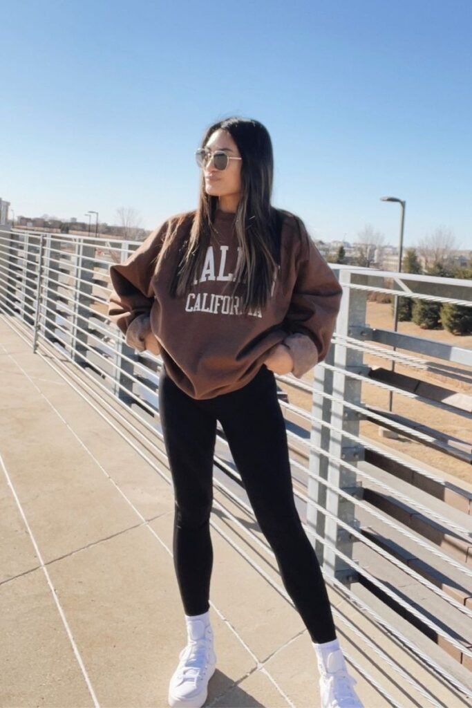 Brown "California" Sweatshirt + Black Leggings + White High-Top Sneakers