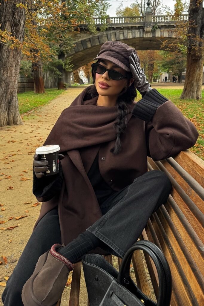 Brown Caped Coat + Black Sweater + Charcoal Gray Jeans + Brown Cap + Brown Suede Boots