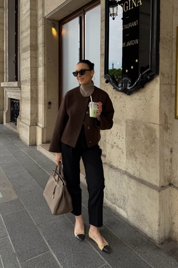 Brown Collarless Jacket + Taupe Turtleneck + Black Tailored Trousers + Two Tone Ballet Flats