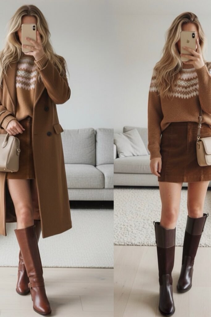 Brown Fair Isle Sweater + Brown Corduroy Mini Skirt + Dark Brown Leather Boots