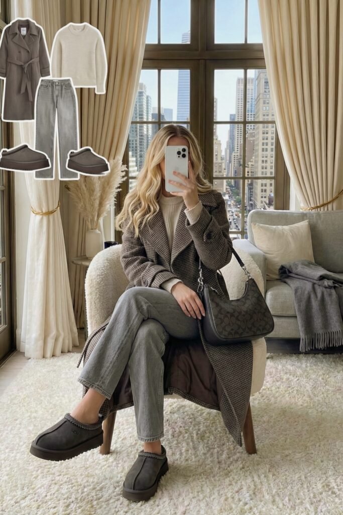 Brown Houndstooth Overcoat + Beige Crewneck Sweater + Grey Straight Leg Jeans + Dark Grey Shearling Mules