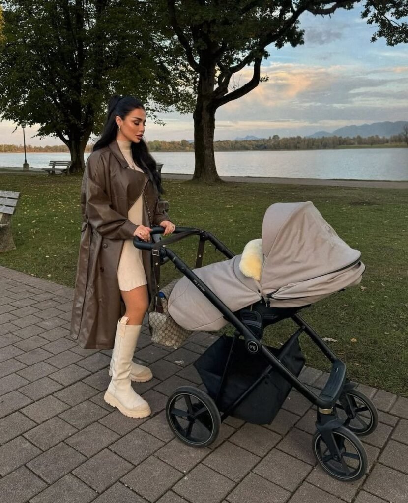 Brown Leather Trench Coat + Beige Knit Mini Dress + Cream/Off-White Chunky Boots