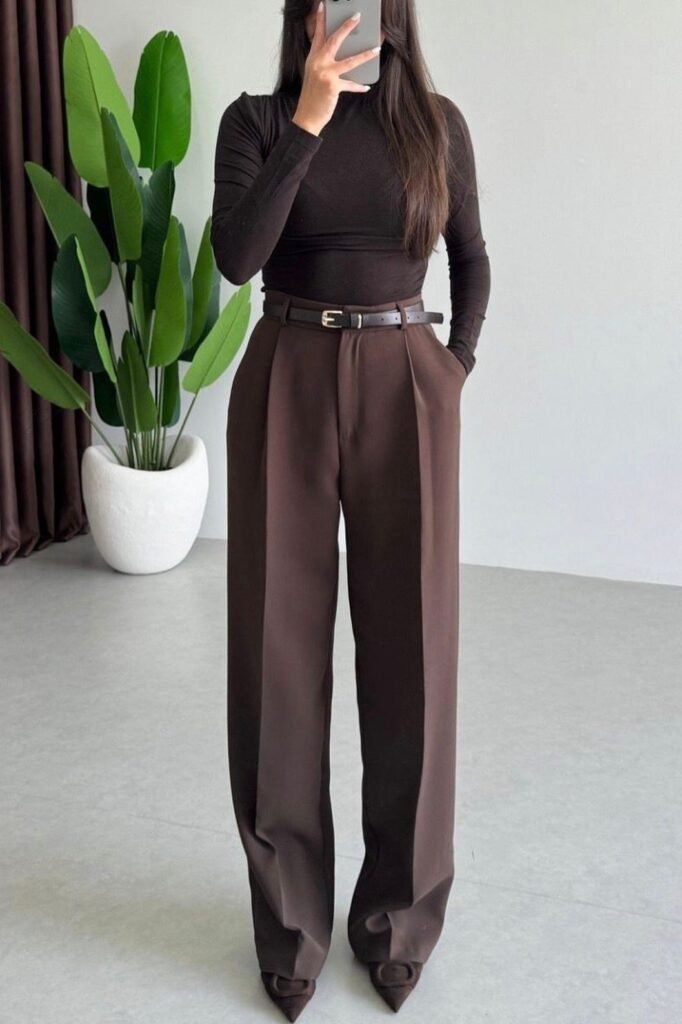 Brown Long Sleeve Mock Neck Top + Dark Brown Wide Leg Trousers + Brown Pointed Toe Heels