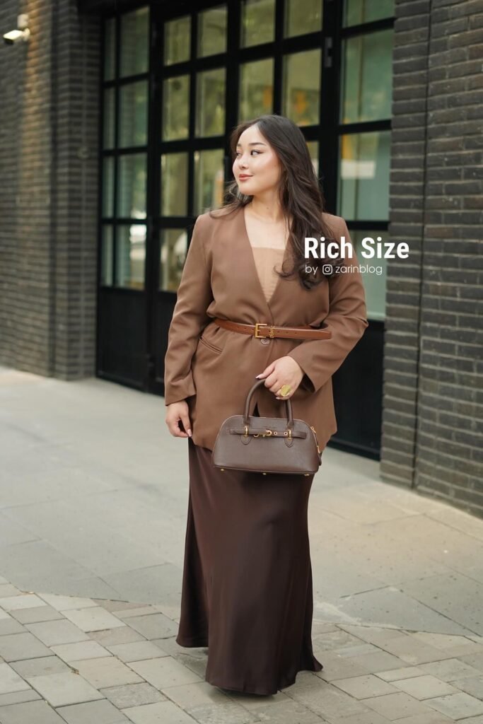 Brown Oversized Blazer with Belt + Dark Brown Satin Maxi Skirt + Brown Leather Handbag