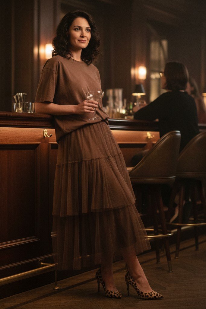 Brown Oversized T-Shirt + Brown Net Maxi Skirt + Leopard Print Heels