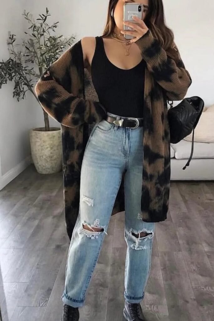Brown Patterned Long Cardigan + Black Tank Top + Distressed Light Wash Jeans + Black Combat Boots