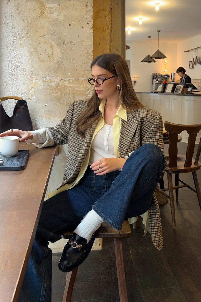 Brown Plaid Blazer + Yellow Button-Down + Dark Wash Jeans + Black Loafers