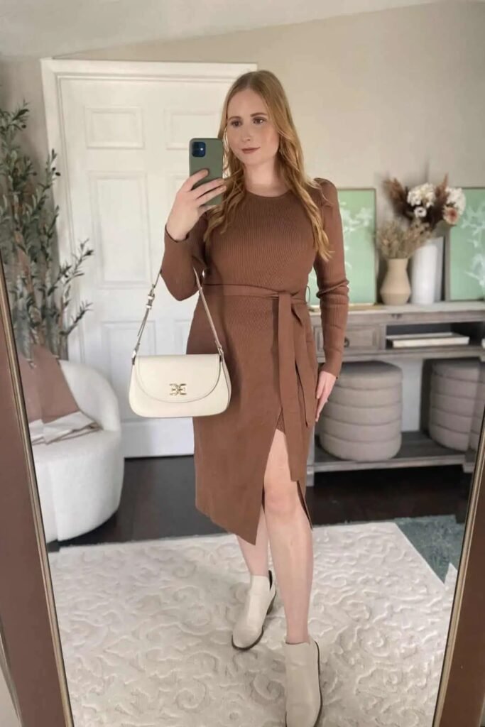 Brown Ribbed Knit Midi Dress + White Shoulder Bag + Off White Ankle Boots