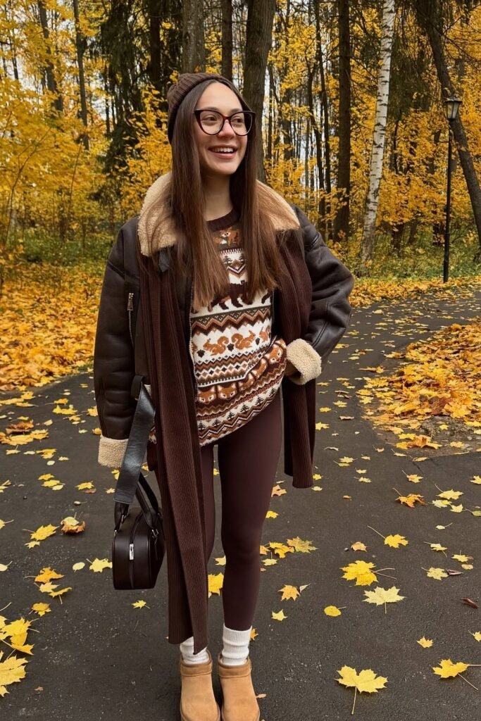Brown Shearling Jacket + Fair Isle Sweater + Brown Leggings + Tan Boots
