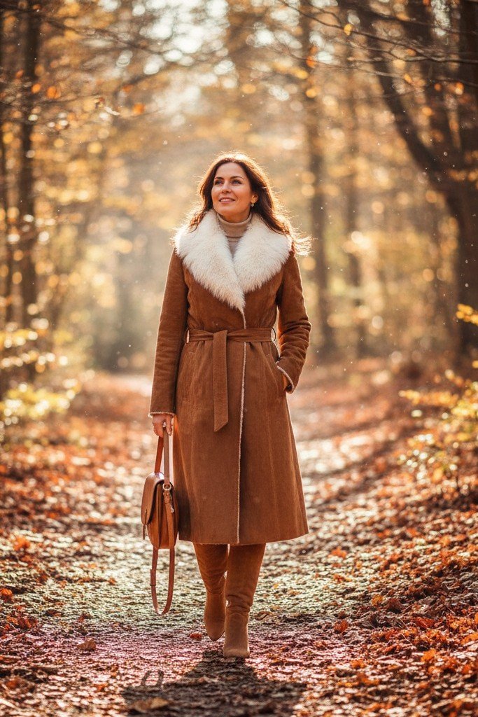 Brown Suede Belted Coat with White Faux Fur Collar + Tan Suede Knee High Boots