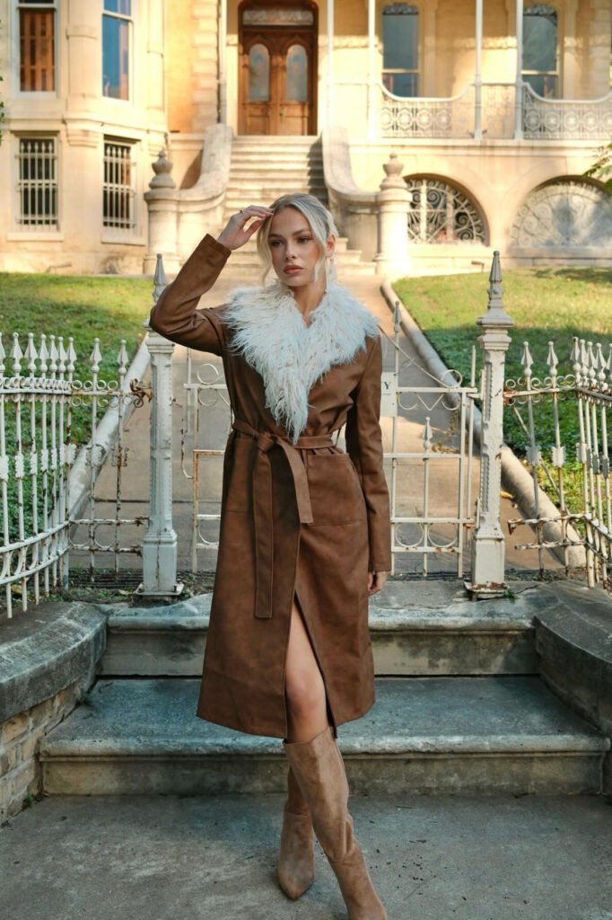 Brown Suede Belted Coat with White Faux Fur Collar + Tan Suede Knee-High Boots