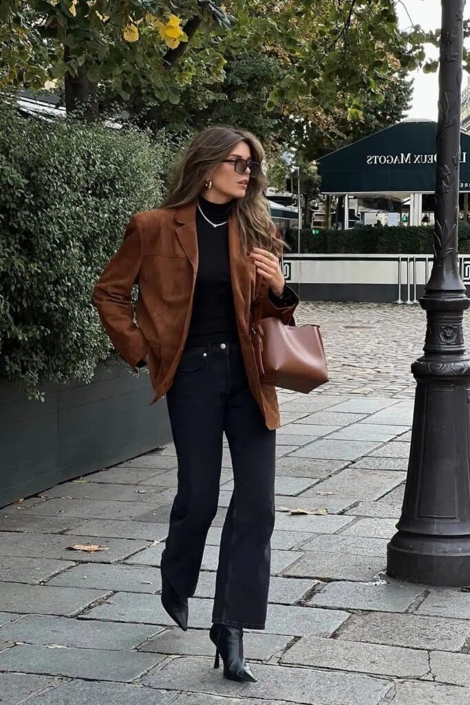 Brown Suede Blazer + Black Turtleneck + Dark Wash Flared Jeans + Black Pointed Boots