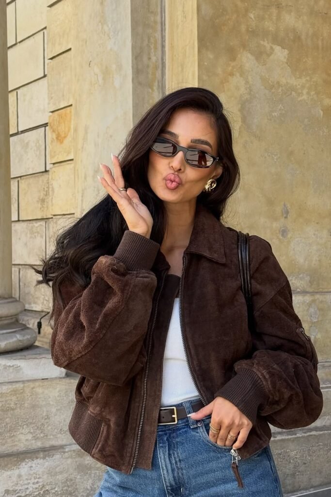 Brown Suede Bomber Jacket + White Tank Top + Blue Straight-Leg Jeans