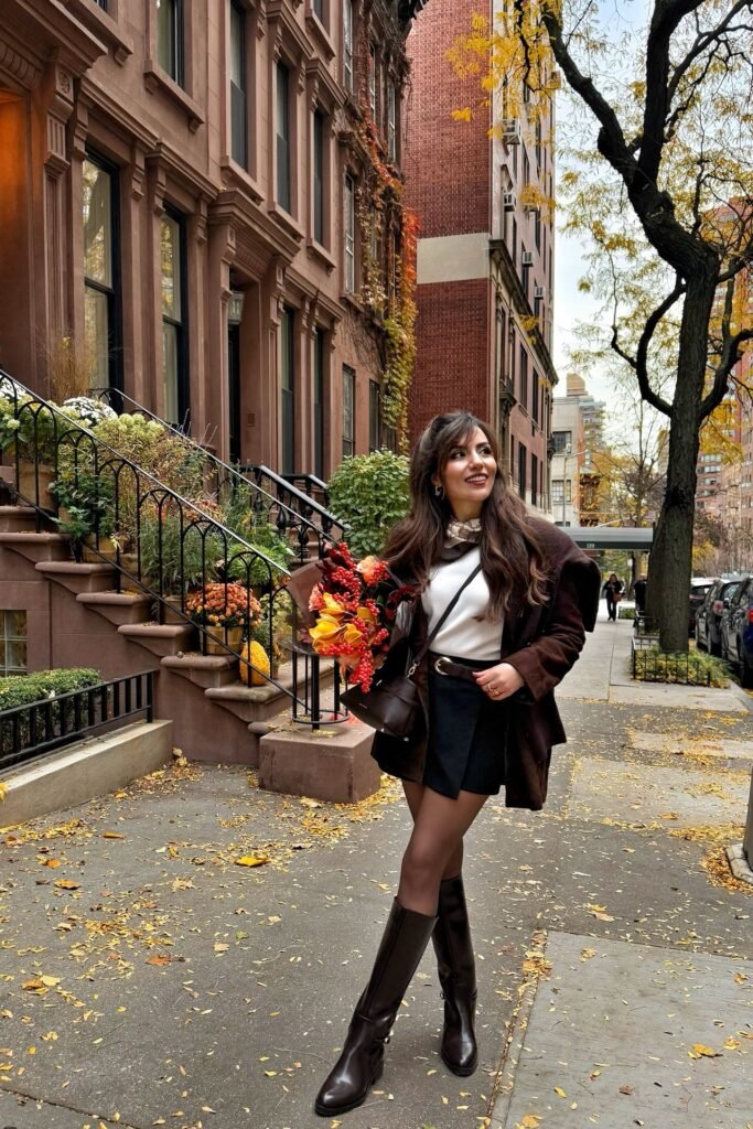 Brown Suede Coat & White Sweater + Black Mini Skirt + Tall Dark Brown Boots