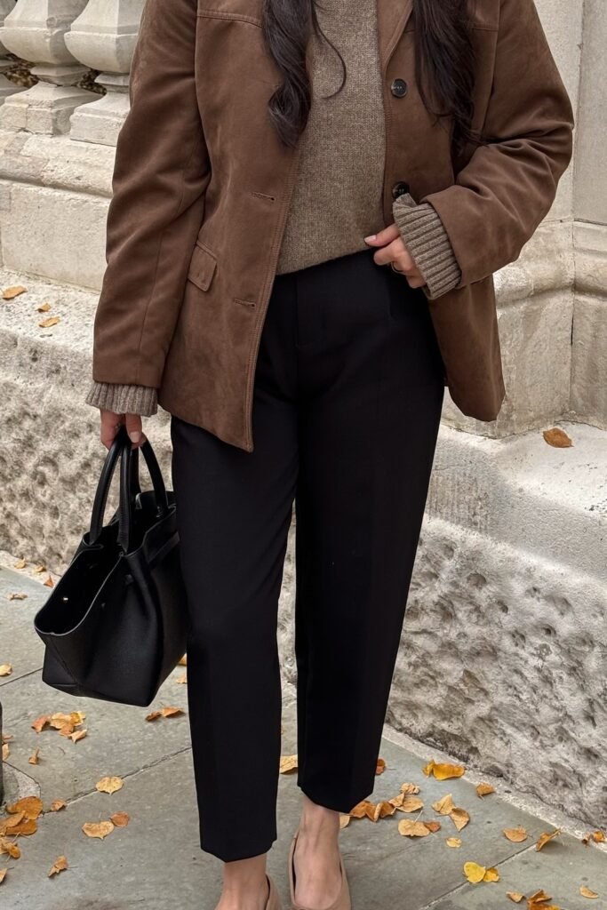 Brown Suede Jacket + Beige Knit Sweater + Black Ankle Trousers + Beige Flats