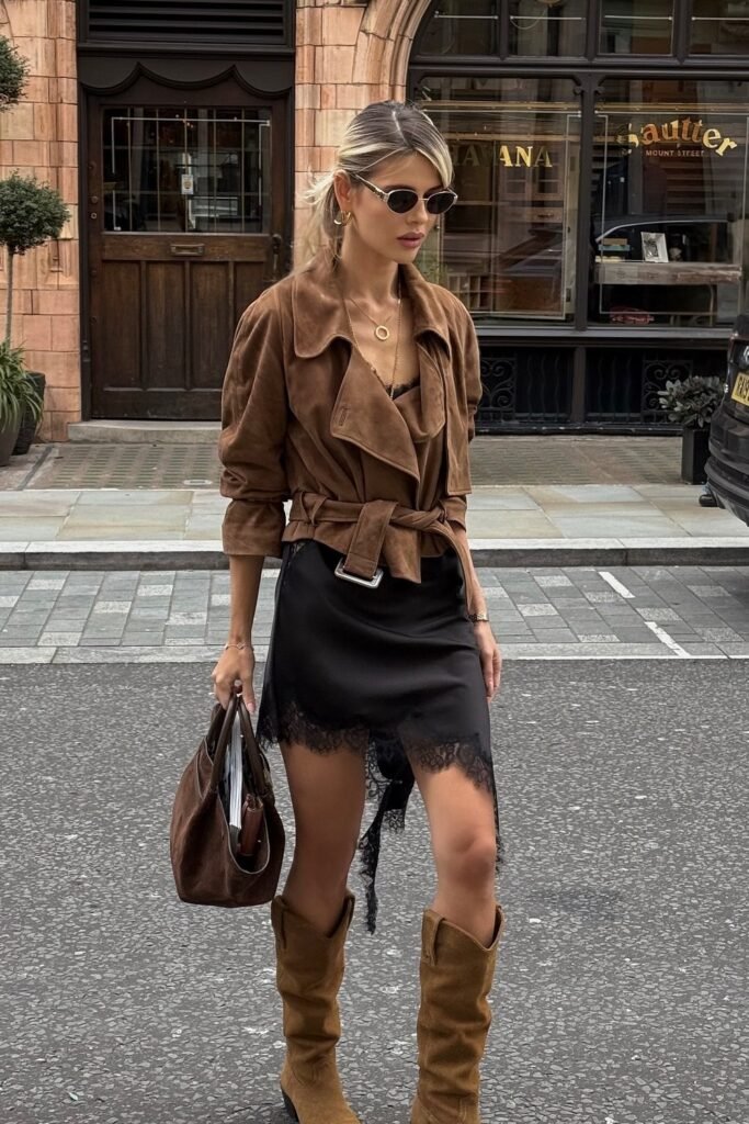 Brown Suede Tie-Waist Jacket + Black Lace Slip Dress/Mini Skirt + Brown Knee-High Cowboy Boots
