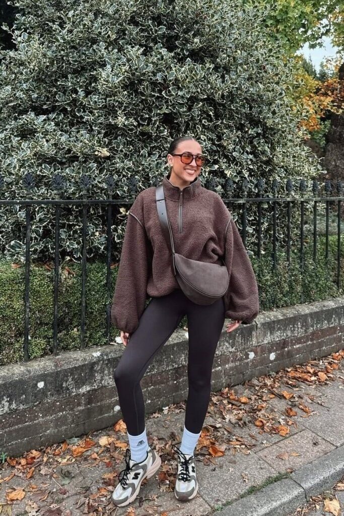 Brown Teddy Fleece Pullover + Black Leggings + Beige Chunky Sneakers