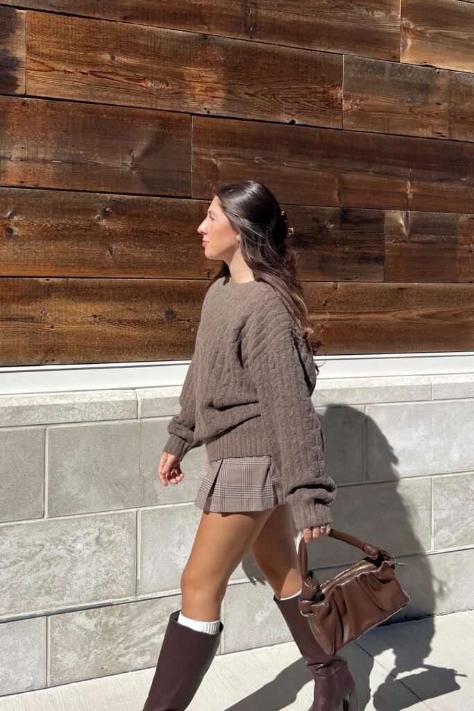 Brown Textured Oversized Sweater + Plaid Mini Skirt + Brown Tall Boots