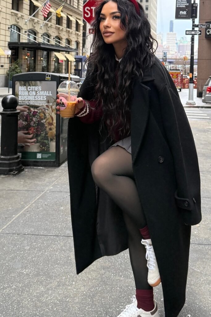 Burgundy Crewneck Sweater + Grey Mini Skirt + White Sneakers with Burgundy Socks