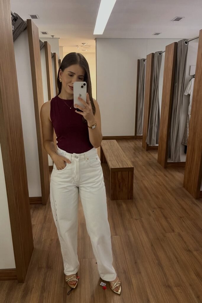 Burgundy High-Neck Tank Top + White Straight-Leg Jeans + Gold Strappy Sandals