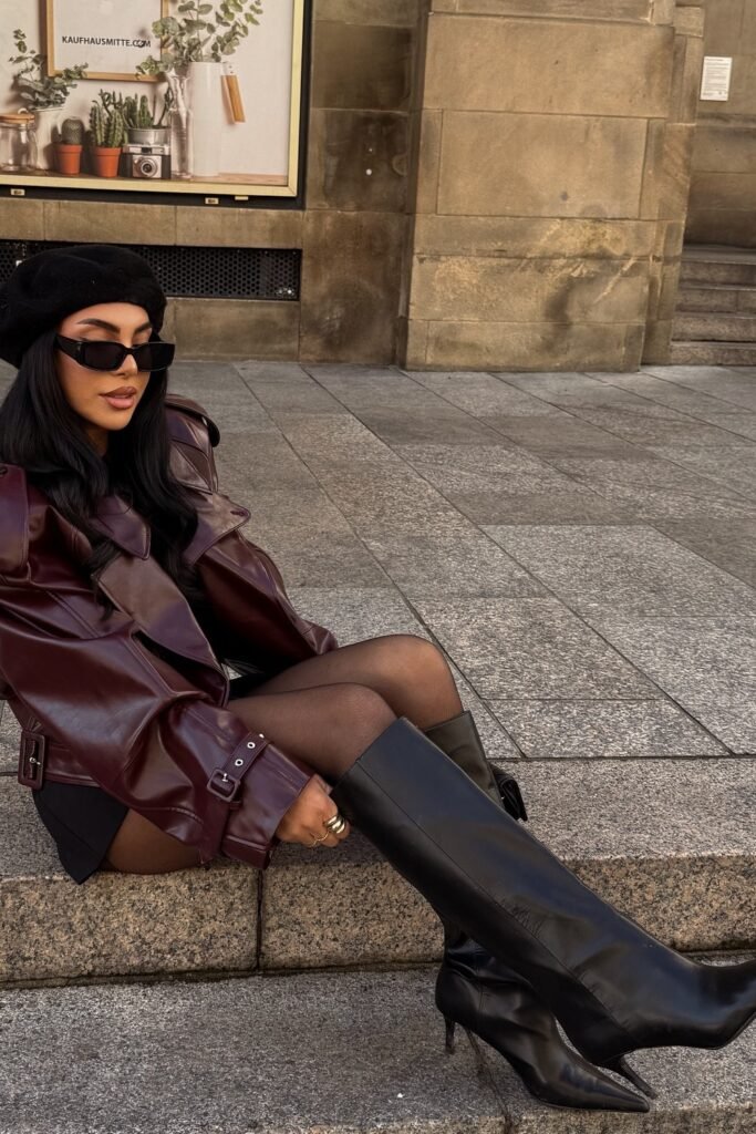 Burgundy Leather Oversized Jacket + Black Mini Dress + Black Pointed-Toe Boots