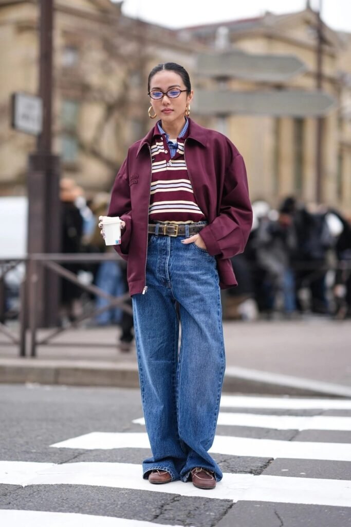 Burgundy Oversized Jacket + Striped Polo Shirt + Wide-Leg Blue Jeans + Brown Loafers