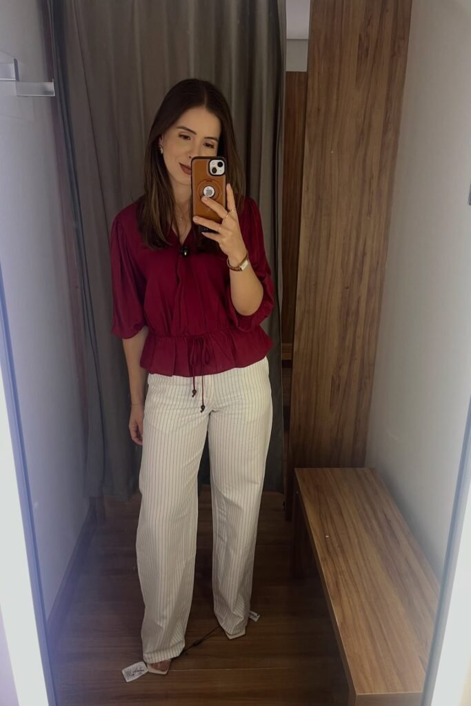Burgundy Peplum Blouse + Vertical Striped Trousers + White Pointed Heels