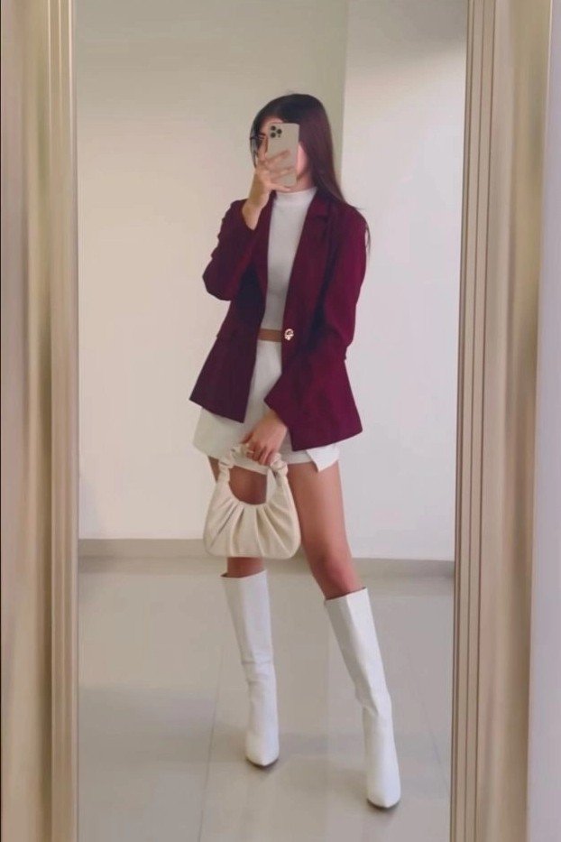 Burgundy Single-Button Blazer + White Crop Top + White Mini Skirt + White Knee-High Boots