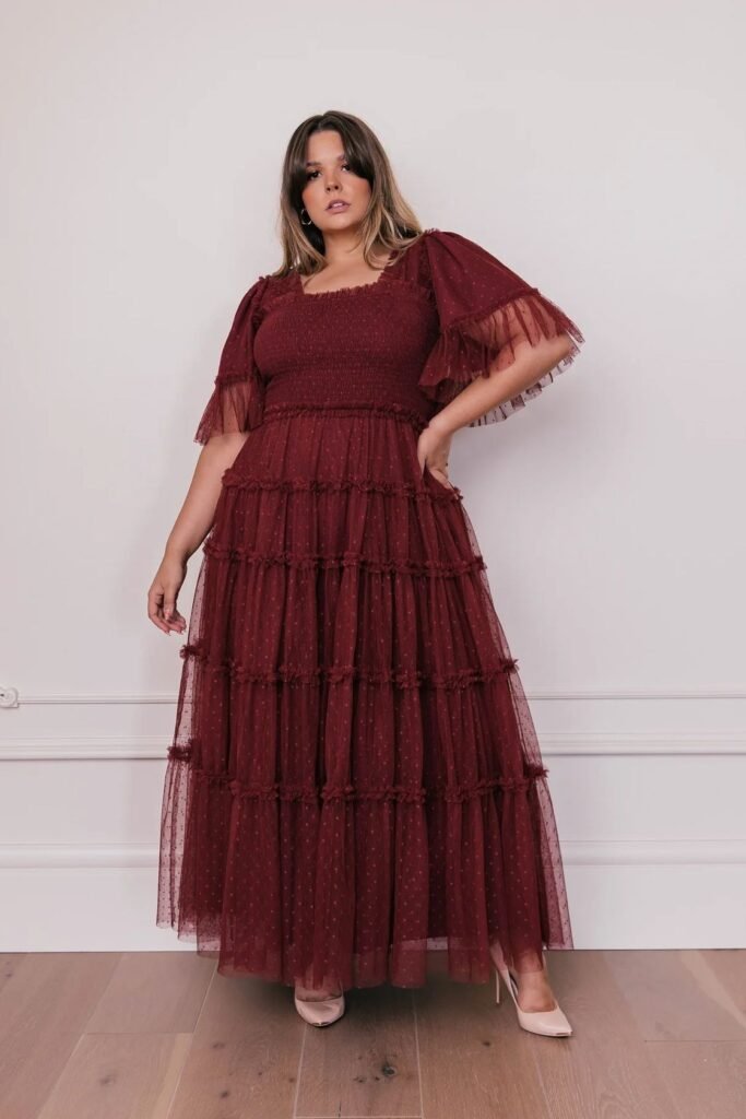 Burgundy Tiered Tulle Maxi Dress + Nude Pointed-Toe Pumps + Gold Hoop Earrings
