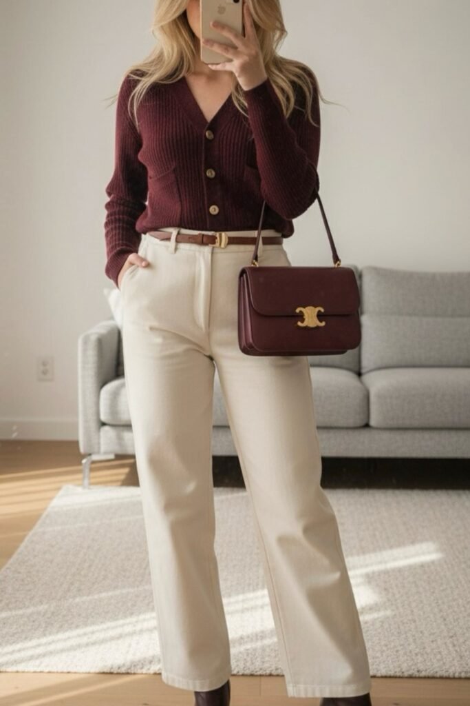 Burgundy V-Neck Cardigan + Cream Wide-Leg Trousers + Brown Belt
