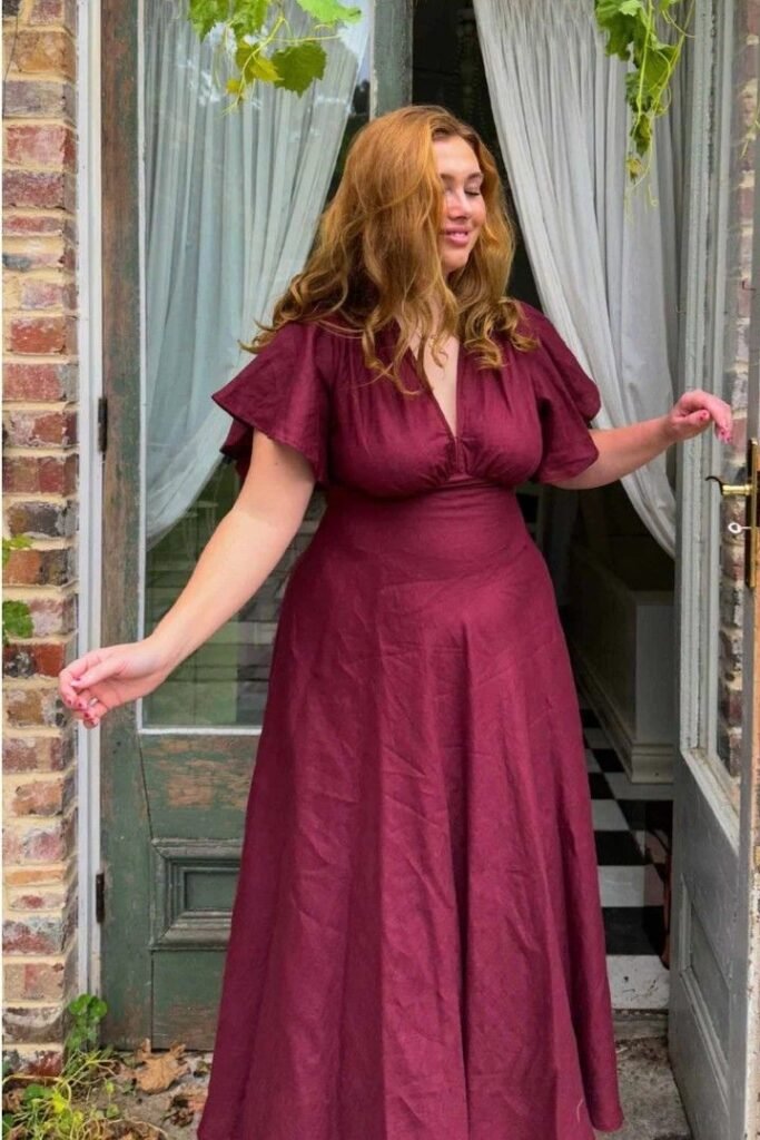 Burgundy V-Neck Linen Dress with Flutter Sleeves