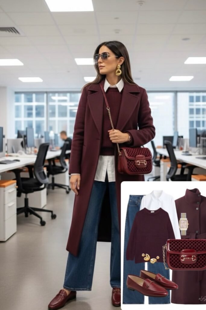 Burgundy Wool Coat + Matching Burgundy Sweater + White Collared Shirt + Blue Wide-Leg Jeans + Burgundy Loafers