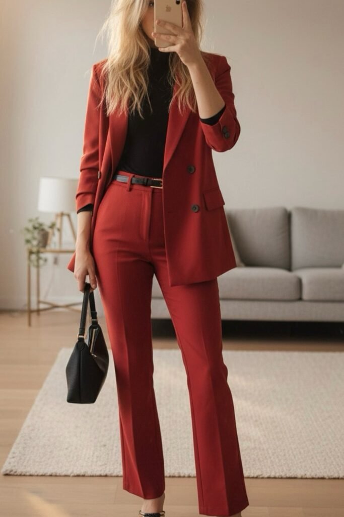 Burnt Orange/Red Suit Blazer + Matching Trousers + Black Turtleneck