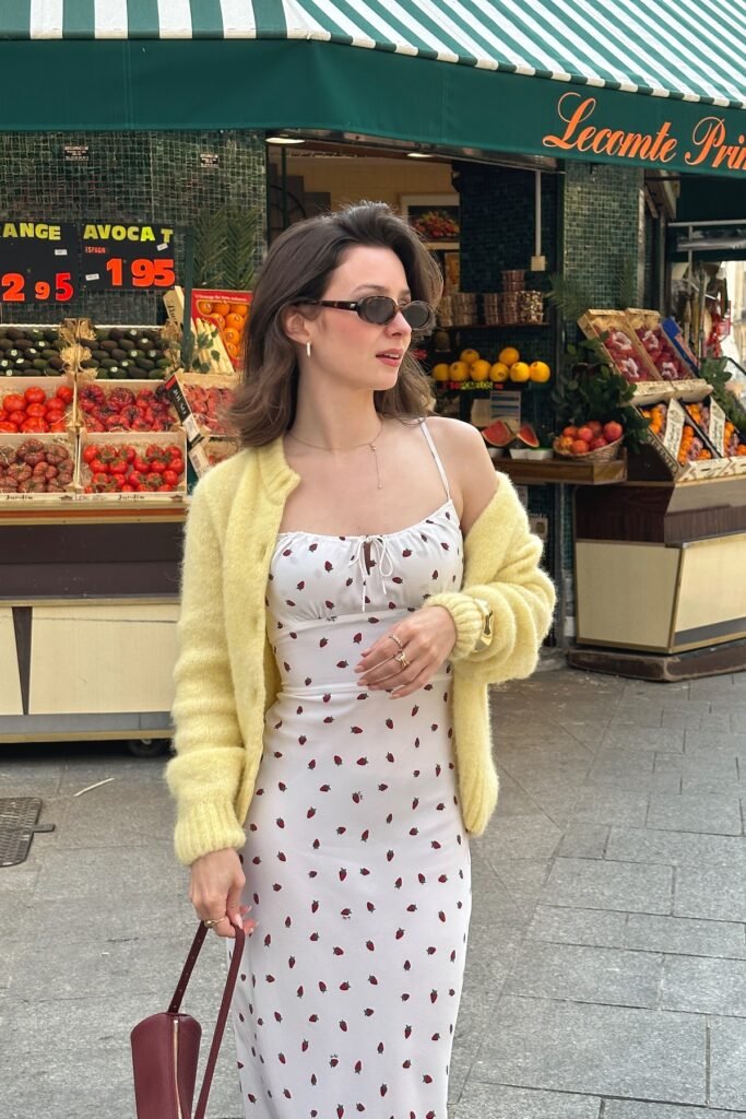 Butter Yellow Mohair Cardigan + White Strawberry Print Midi Dress + Burgundy Handbag