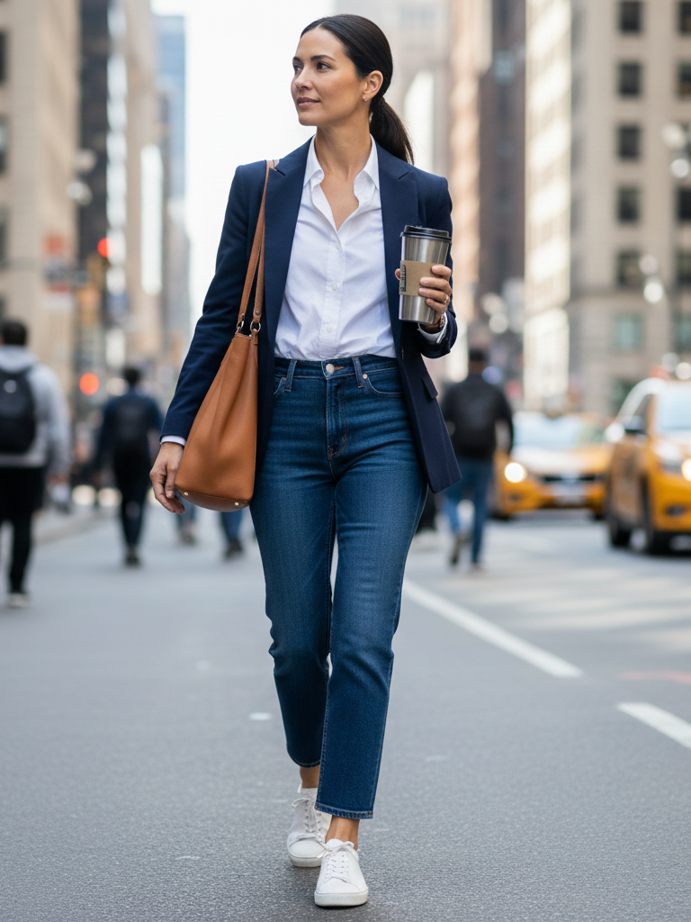 Button-Down Shirt + High-Waisted Jeans + Blazer & Sneakers