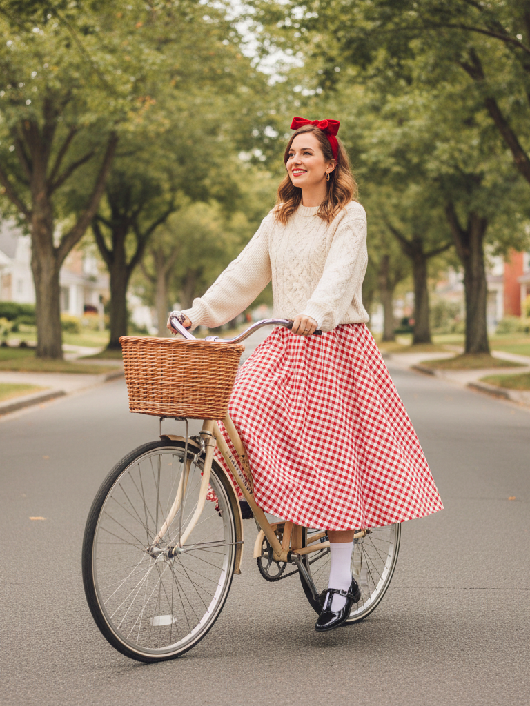 Cable Knit & Gingham Midi Skirt