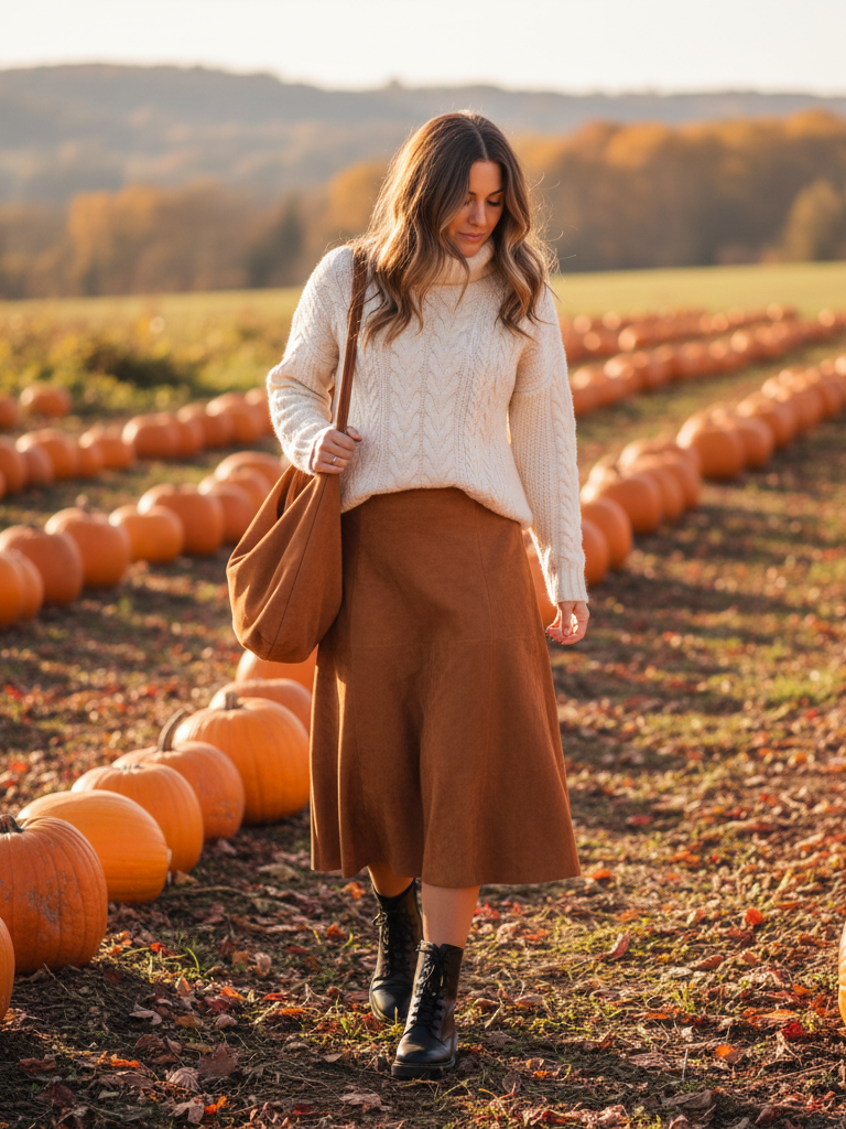 Cable-Knit Sweater + Suede Skirt + Chunky Lug-Sole Boots